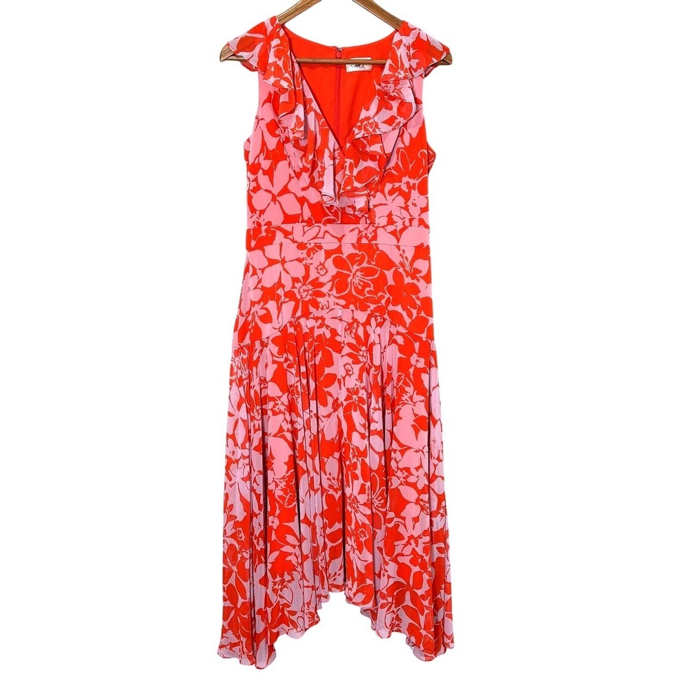 ElizaJ Floral Midi Dress Size 8 Ruffle Asymmetric Tropical Resort Garden‎ Party